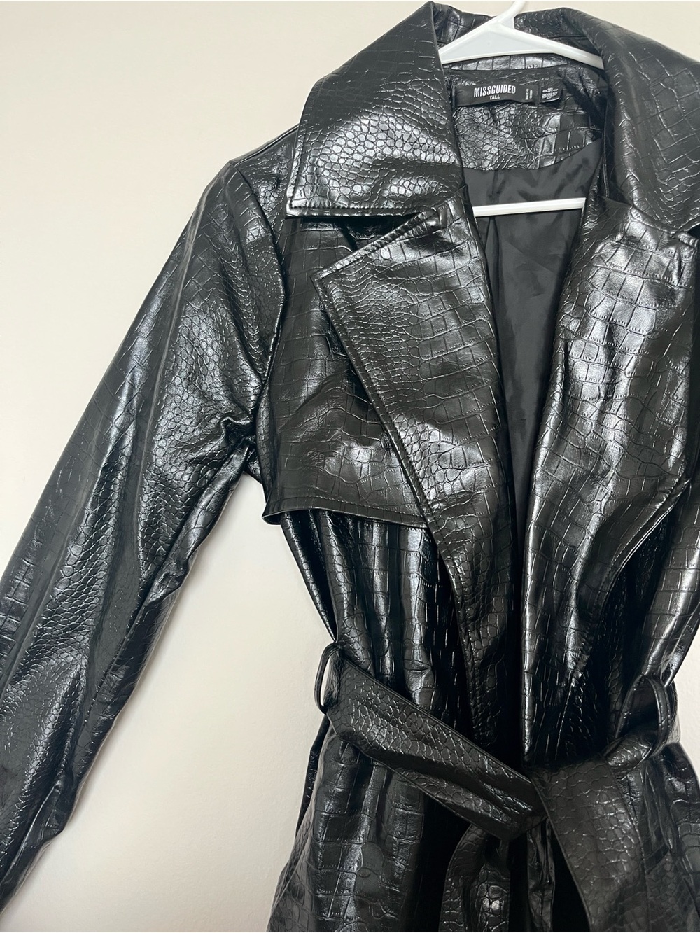 Misguided Faux Croc Black Trench Coat with Waist Tie (TALL)